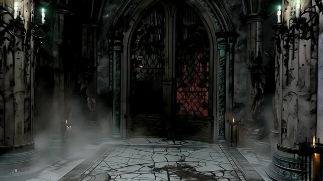 Dark and mysterious gothic hallway with an iron gate leading to a glowing doorway footage, video, animation
