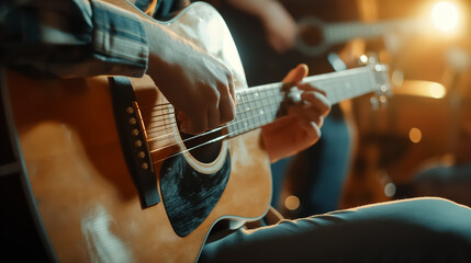 Fototapeta premium Close-up of a musician playing an acoustic guitar on stage, highlighting the skill and passion of live music performance