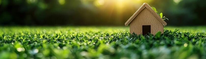A small wooden house on vibrant green grass, bathed in sunlight. Symbolizes nature, growth, and the concept of home.