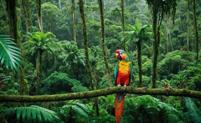 Vibrant Parrot Perched on a Mossy Branch in a Dense Rainforest
