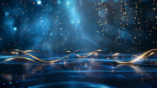Empty blue stage background with gold curve line elements with light neon effects decoration and bokeh. Luxury scene design concept.