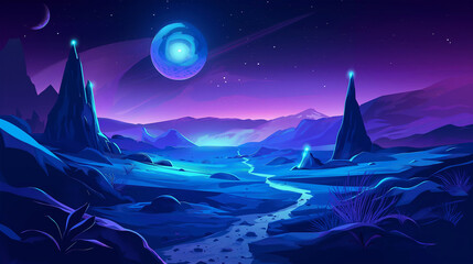 Fototapeta premium The Cartoon vector dark fantasy outer space landscape, game background, Illustration