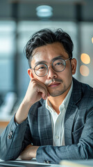 A man wearing glasses and a suit is sitting at a desk