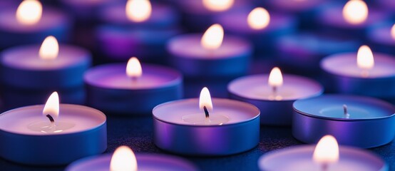 Close-up of tealight candles in white and blue showcasing purple lighting for International Overdose Awareness Day
