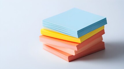 A tidy and organized ream of colorful sticky notes stacked neatly on a plain white background providing a clean and minimalist visual for planning to do lists and office organization