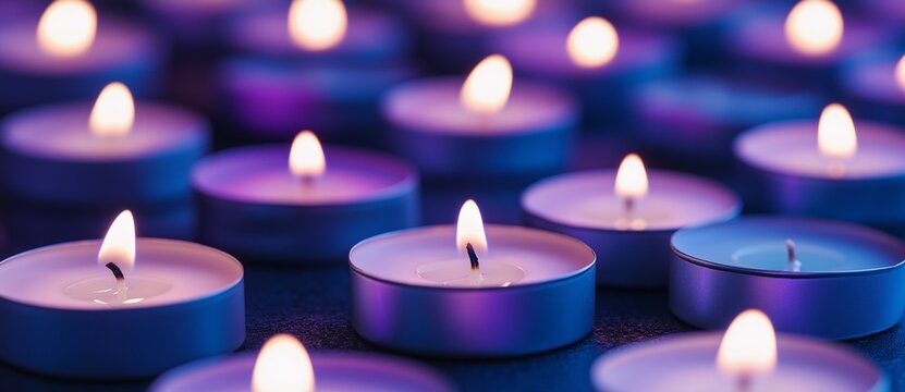 Close-up of tealight candles in white and blue showcasing purple lighting for International Overdose Awareness Day