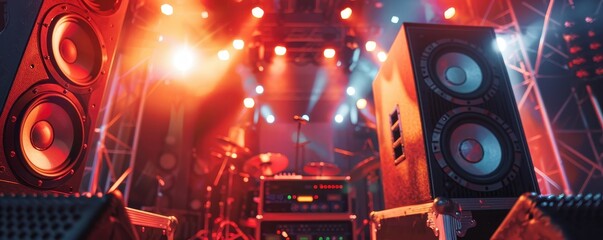 Obraz premium Vibrant live concert stage setup with colorful lighting, large speakers, and musical equipment, creating an energetic atmosphere.