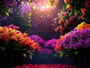 A vibrant floral pathway illuminated by magical lights, creating a dreamy and enchanting atmosphere with colorful blooms.