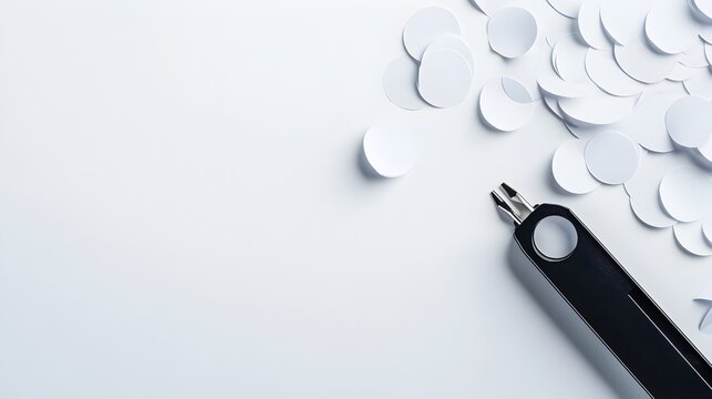 Hole puncher device with perforated paper circles arranged around it set against a plain white background for use in office business or stationery themed conceptual imagery and designs