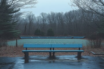 Obraz premium Empty Blue Bench Before a Bleacherless Field