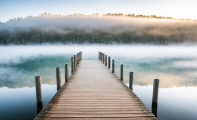 Naklejka premium Serene Wooden Pier Extending into a Misty Lake at Sunrise