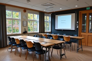 Empty Conference Room with Wooden Tables and Chairs