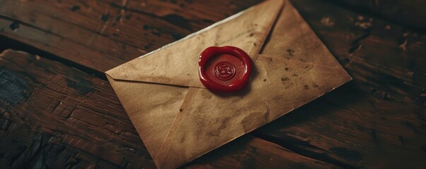 Vintage envelope sealed with wax on a rustic wooden surface, capturing an old-fashioned and...