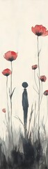 Obraz premium A whimsical watercolor illustration featuring a solitary figure among vibrant red flowers, evoking feelings of calm and introspection.
