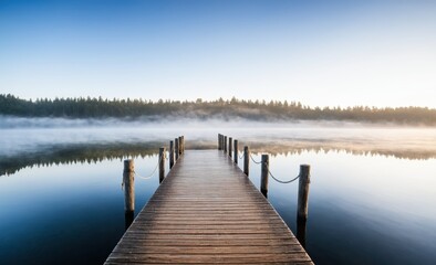 Naklejka premium Serene Wooden Pier Extending into a Misty Lake at Sunrise