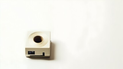 Obraz premium Isolated image of a modern minimalist desktop tape dispenser with a roll of adhesive sticky tape presented against a simple white background with ample copy space