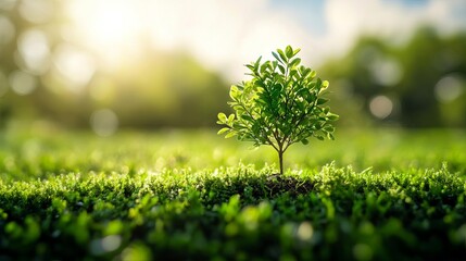 A young tree surrounded by lush green grass, basking in sunlight, representing growth and the beauty of nature.