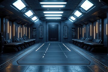 Futuristic spaceship corridor with rows of seats and a glowing path