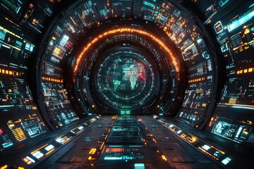 Futuristic spaceship interior with glowing displays and a digital Earth