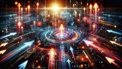 Obraz premium futuristic technology data visualization, glowing neon arrows and grids, abstract cyber circuit board, big data analytics concept, digital energy impulses, fiery red and blue tones, particle flow moti