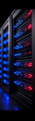Naklejka premium Close-up of a modern data server rack with glowing blue and red lights, showcasing advanced technology and network connectivity.