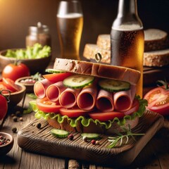 A delicious sandwich on wholegrain bread, sliced tomatoes, lettuce, bologna sausages coiled artistically, served on a rustic wooden board with a chilled glass bottle of soda or beer, amber lighting ca