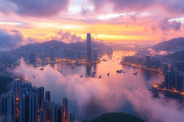 Naklejka premium Hong Kong Skyline at Dawn with Fog and Pink Clouds