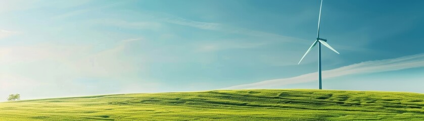 Obraz premium Wind turbine on a grassy hill under a clear blue sky, symbolizing renewable energy and sustainable living.