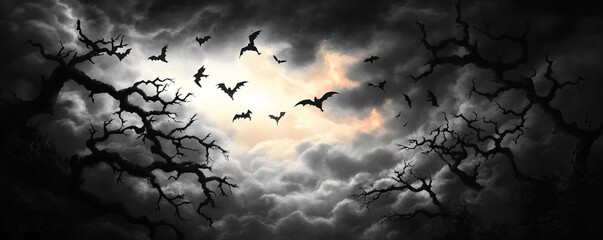 Dark and eerie scene with bats flying through ominous clouds and bare trees, perfect for Halloween or gothic themes.