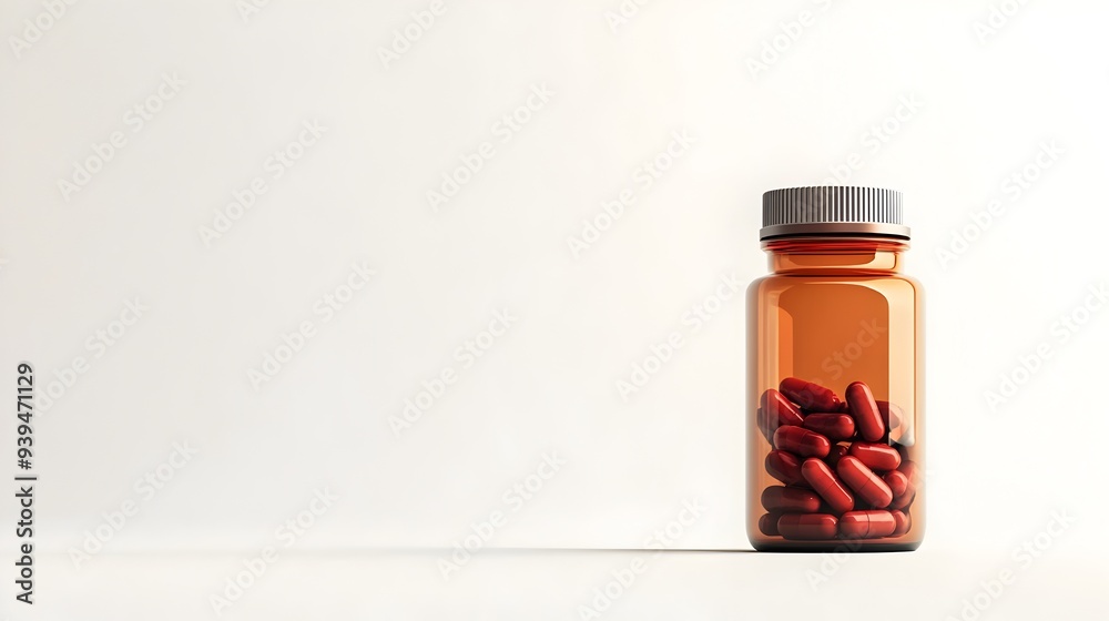 Wall mural Isolated white bottle filled with pharmaceutical capsules and pills on a plain white background  Minimalist studio shot of medical healthcare and wellness product packaging