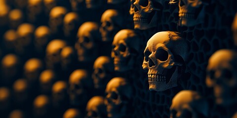 Mysterious display of skulls arranged in a dark setting, evoking themes of mortality and the macabre.