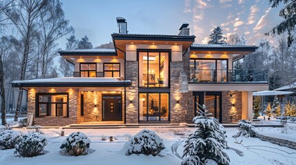 This luxury home boasts a stunning winter backdrop with large glass front windows and an elegant,...