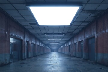 Obraz premium Long, Desolate, Tiled Corridor with Fluorescent Lights