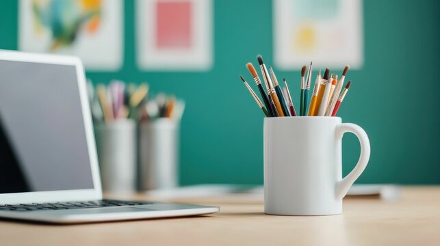 A white mug with a bunch of pencils in it sits on a desk next to a laptop