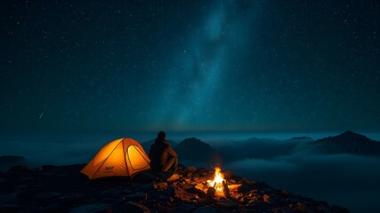  A person sits by a glowing campfire on a misty mountain summit, gazing at millions of stars. The scene is serene and mystical, with a tent nearby and rocky terrain around 