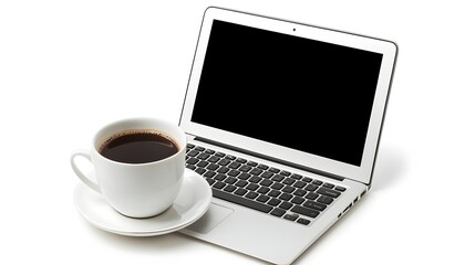 Fototapeta premium Minimalist laptop computer with a white screen and a cup of coffee placed on a plain white background providing a clean and simple template for adding a business message or branding