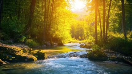 Sunlit Stream in Lush Forest
