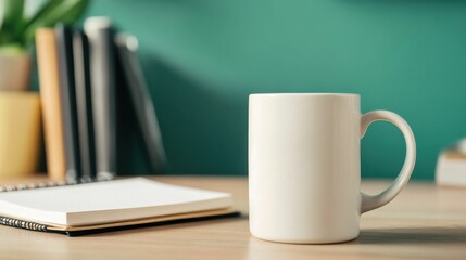 Fototapeta premium A white coffee mug sits on a table next to a notebook