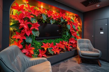 Modern Office Interior with Red Flowers and Two Armchairs