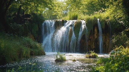 Obraz premium Tranquil Waterfall in Lush Forest
