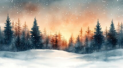 whimsical winter wonderland scene in soft watercolor snowy landscape with delicate snowflakes stylized evergreens and festive elements in muted pastel palette