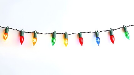 Vibrant string of multicolored Christmas lights isolated on a plain white background with ample space available for adding a cheerful greeting or message Festive holiday decor concept