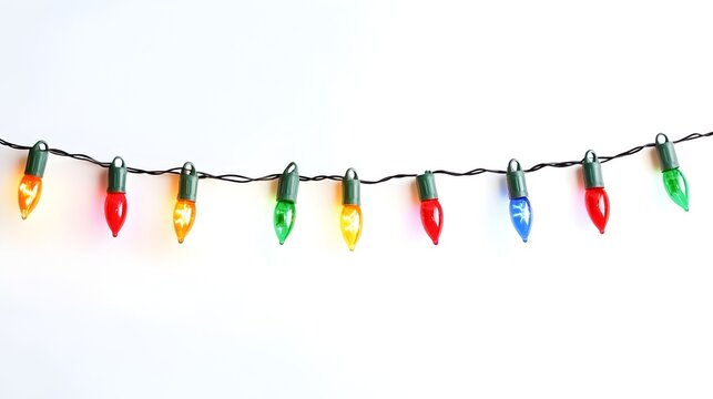 Vibrant string of multicolored Christmas lights isolated on a plain white background with ample space available for adding a cheerful greeting or message  Festive holiday decor concept