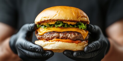 The man prepares to enjoy a delicious, juicy burger packed with cheese and fresh toppings