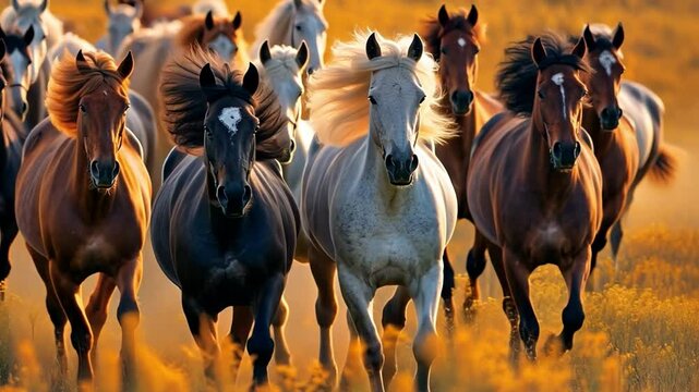horses galloping in a herd on a field together,