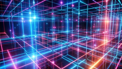 Fototapeta premium Neon grid matrix in 3D space, abstract glowing lines and light beams, futuristic digital network
