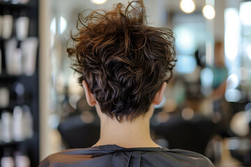 Back view of woman with short hair haircut in salon.