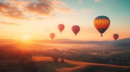 Obraz premium Scenic Landscape at Sunrise with Colorful Hot Air Balloons Flying