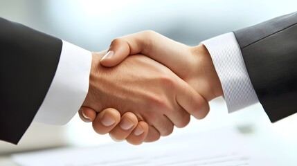 Obraz premium Formal business handshake over a contract with space for agreement or partnership text isolated on a clean white background representing a successful corporate deal or transaction