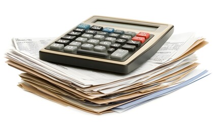 A close up photograph of a calculator and various financial documents such as contracts reports and statements isolated on a clean white background  This image represents the concept of budgeting